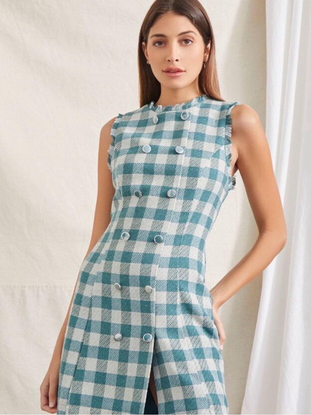 Sleeveless Teal and White Double Breasted Tweed Mini Dress